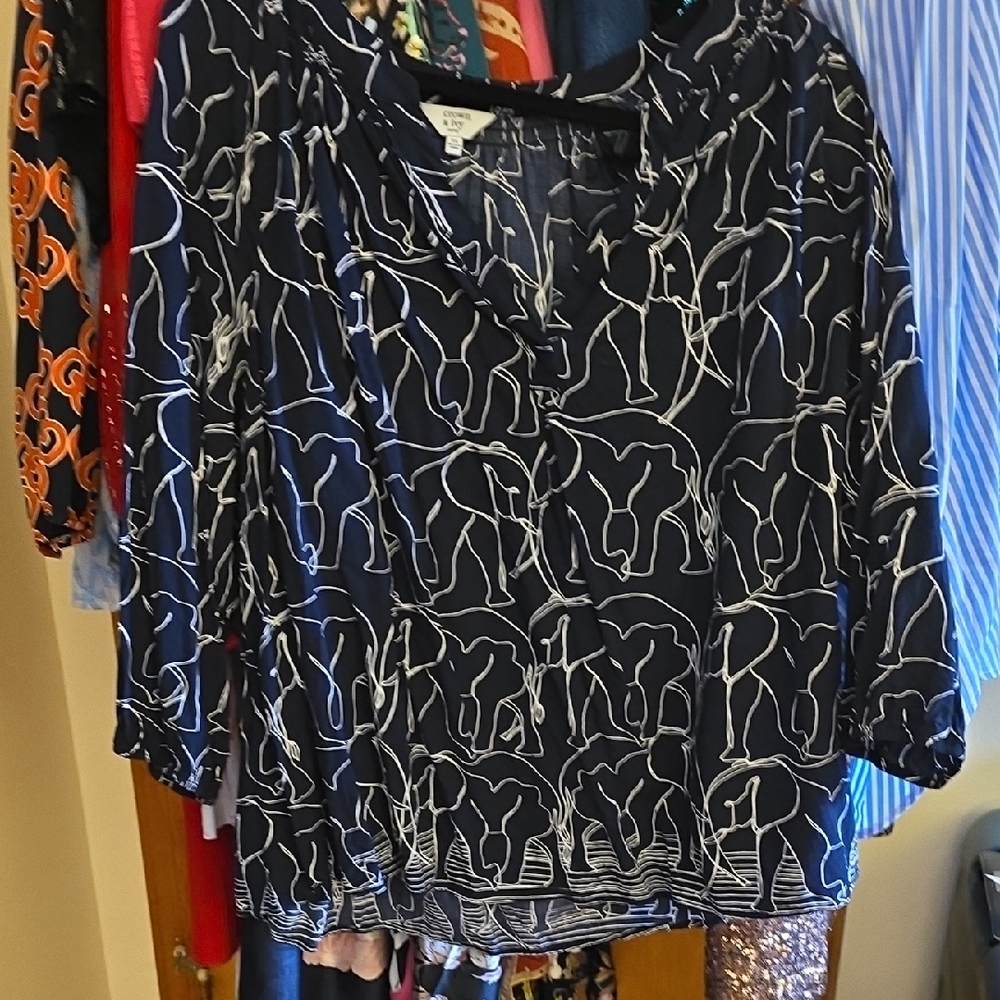 Crown & Ivy Navy and White Elephant Pattern Blouse
